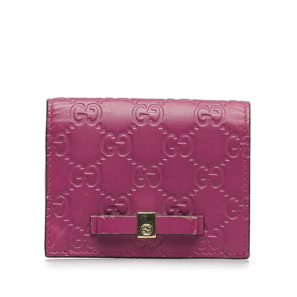 Gucci Guccissima Bow Rion Motif Bi fold Wallet Card Business Holder Pink